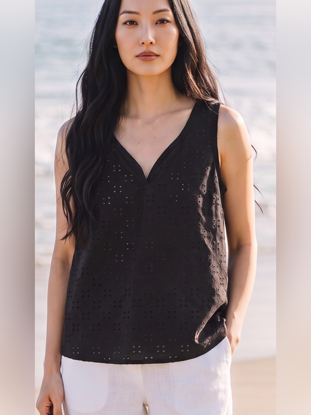 Black Eyelet V-Neck Tank